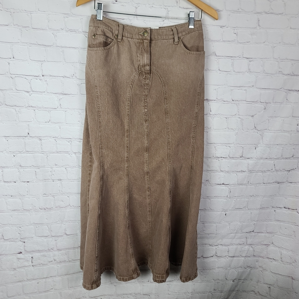 Jeanology  Denim Maxi Skirt. Sz 10P Tan.